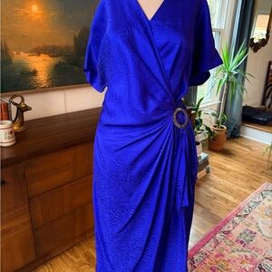 Vintage Argenti Royal Blue Silk Draped Dress with Rhinestone Brooch